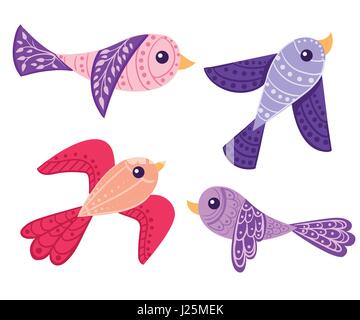 Oiseau graphique violet rouge rose avec un motif de feuilles et d'oiseaux multicolores mignon en vecteur. Jeu de dessin animé Illustration de Vecteur