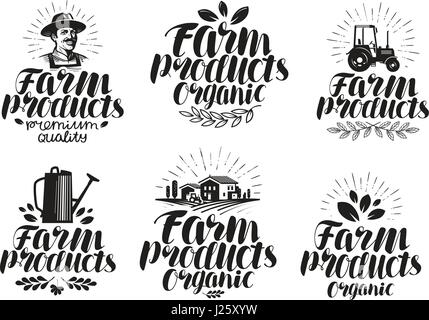 Produits de la ferme, jeu d'étiquettes. L'agriculture, l'agriculture ou l'icône Symbole. Lettres manuscrites vector illustration Illustration de Vecteur