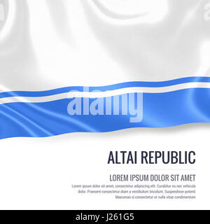 Drapeau de la République de l'Altaï. Drapeau de république de l'Altaï soyeux forme sur un fond blanc avec le texte en blanc pour votre message publicitaire. Renderin 3D Banque D'Images