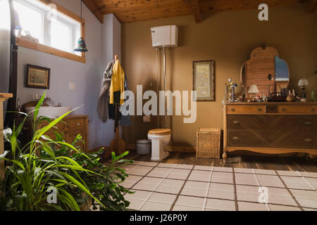 Chambre principale avec lavabo et toilettes réservoir haut de l'étage sur plancher intérieur style chalet résidentiel accueil Banque D'Images