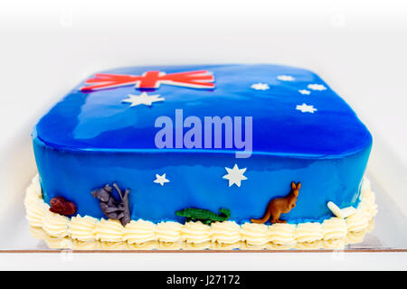 L'Australie fait maison sur le thème de gâteau de la fête sous les couleurs du drapeau australien et décorées avec des koalas et des kangourous Banque D'Images