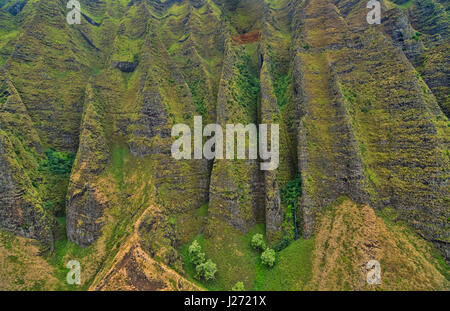 In de l'antenne de l'hélicoptère les falaises des canyons de la côte de Na Pali Na Réserve forestière de Pali-Kona Banque D'Images