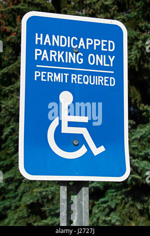 Handicap parking sign avec des arbres en arrière-plan. Banque D'Images