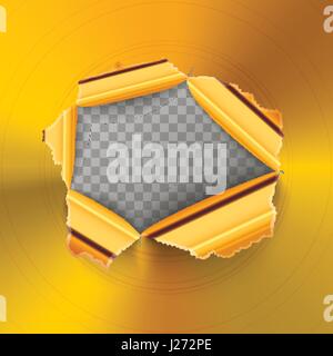 Trou déchiré en rond brillant or poli plaque métallique sur fond transparent Illustration de Vecteur