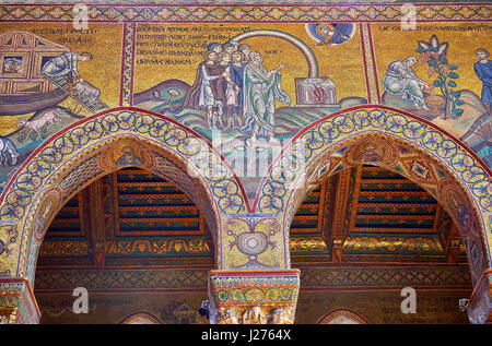 Mur sud mosaïques représentant l'histoire de Noé dans bibliacl Norman-Byzantine la cathédrale médiévale de Monreale, province de Palerme, Sicile, Italie. Banque D'Images