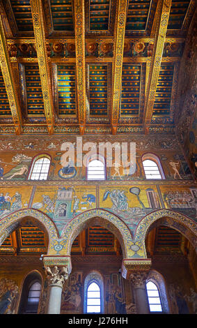 Mosaïques de la cathédrale médiévale d'Norman-Byzantine de Monreale, province de Palerme, Sicile, Italie. Banque D'Images