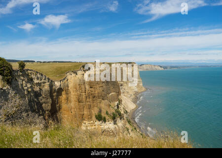 Photo de falaises prises à Cape Kidnappers, Nouvelle-Zélande, lors d'une journée ensoleillée en été avec la marée haute, au cours d'un safari de fou de bassan. Banque D'Images