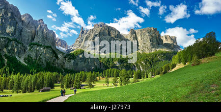 Les montagnes et les pâturages de la Sella plateau près de Colfosco, 1 645 m (5 396 ft), au pied de la Groupe du Sella Dolomites, Alta Badia, Italie Banque D'Images