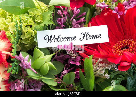 Bienvenue Accueil Carte avec bouquet de fleurs de printemps. Banque D'Images