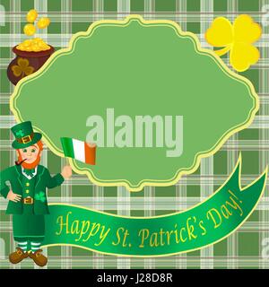 Carte postale avec leprechaun, Shamrock, drapeau irlandais et de pièces d'or sur le fond de l'Irish cellules. Lettres d'or sur ruban vert Illustration de Vecteur