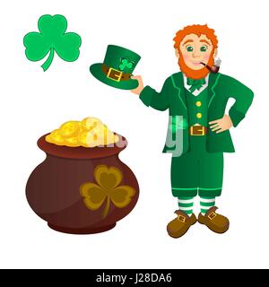 Leprechaun souriant en vert vêtements avec une pipe à la bouche, avec le chapeau à la main. Trèfle et poêle avec pièces d'Or Illustration de Vecteur