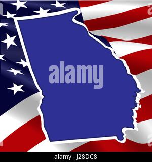 United States, la Géorgie. Silhouette bleu foncé de l'état sur ses frontières en arrière-plan de l'USA flag. Illustration de Vecteur