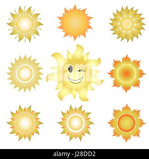 Neuf icônes de soleils de différentes formes avec un sourire. Illustration de Vecteur