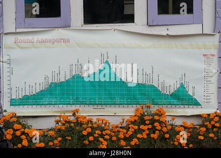 Le Népal, Région de l'Ouest, Dharapani, sur le circuit de l'Annapurna - Jour 3 - De Dharapani pour Chame - carte d'élévation de l'Annapurna Circuit dans Dharapani Banque D'Images