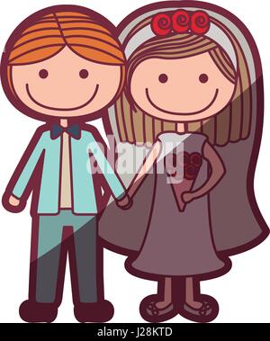 Silhouette couleur caricature d'ombrage en couple costume de mariage avec les cheveux courts Illustration de Vecteur