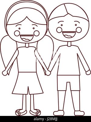 Contour dessin expression sourire cartoon boy and girl cheveux coiffure tresses avec prises mains Illustration de Vecteur