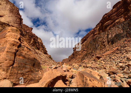 La Jordanie, Aqaba, Wadi Rum Government, un haut plateau désertique dans le sud de la Jordanie. UNESCO du patrimoine mondial naturel. Emplacement du film "Lawrence d'Arabie" Banque D'Images