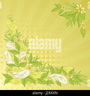 Abstract floral background : feuilles, fleurs, plumes, des raies et des cercles sur vert et jaune. Vector Illustration de Vecteur