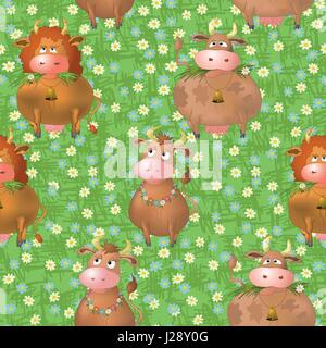 Modèle sans couture, cartoon vaches sur une prairie d'été vert. Vector Illustration de Vecteur