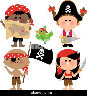 Heureux enfants pirates, garçons et filles avec des épées, carte au trésor et télescope. Enfants pirates, perroquet et drapeau pirate noir. Illustration vectorielle Illustration de Vecteur