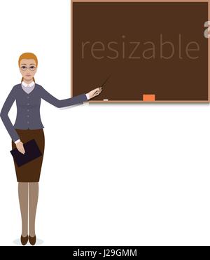 Enseignant femme debout avec un pointeur près de brown chalkboard Illustration de Vecteur