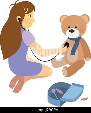 Petite fille jouant un médecin avec petit ourson en peluche Illustration de Vecteur