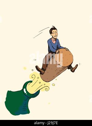 Gravure vintage concept drôle - un homme battant sur le bouchon d'une bouteille de champagne, homme d'affaires célèbre la réussite de démarrage Illustration de Vecteur
