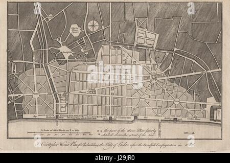 Sir Christopher Wren's plan pour la reconstruction de la ville de Londres. HARRISON 1776 map Banque D'Images