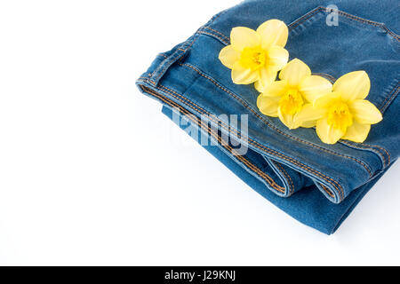 Jeans bleu avec trois belles fleurs de narcisse dans la poche avec l'exemplaire de l'espace. Banque D'Images