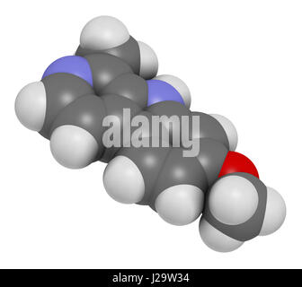 Molécule alcaloïde harmine. Inhibiteur de l'oxydase de monoamine de fines herbes A. (MAO-A). Le rendu 3D. Les atomes sont représentés comme des sphères de couleur classiques Banque D'Images