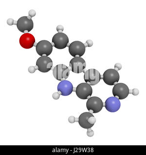 Molécule alcaloïde harmine. Inhibiteur de l'oxydase de monoamine de fines herbes A. (MAO-A). Le rendu 3D. Les atomes sont représentés comme des sphères de couleur classiques Banque D'Images