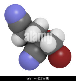 Methyldibromo du glutaronitrile conservateur molécule. Allergène commun causant la dermatite de contact allergique. Le rendu 3D. Les atomes sont représentés comme sphere Banque D'Images