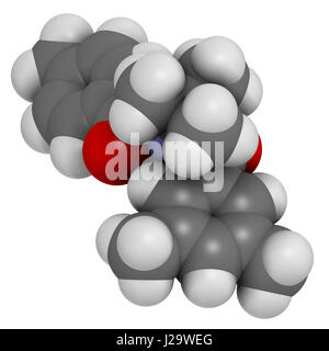 Le tébufenozide molécule insecticide. Le rendu 3D. Les atomes sont représentés comme des sphères classiques avec codage couleur : blanc (hydrogène), carbone (gris), nit Banque D'Images