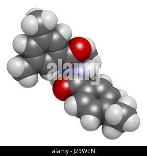 Le tébufenozide molécule insecticide. Le rendu 3D. Les atomes sont représentés comme des sphères classiques avec codage couleur : blanc (hydrogène), carbone (gris), nit Banque D'Images