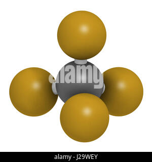 Le tétrafluorure de carbone tétrafluorométhane (CF4), molécule de gaz à effet de serre. Le rendu 3D. Les atomes sont représentés comme des sphères classiques avec codage couleur : Banque D'Images