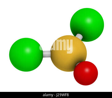 (Chlorure de thionyle SOCl2) réactif chimique, molécule. Le rendu 3D. Les atomes sont représentés comme des sphères classiques avec codage couleur : jaune (soufre), ox Banque D'Images