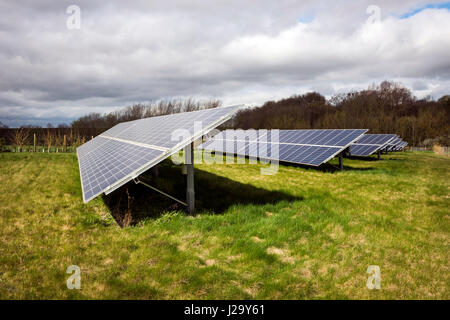 Panneaux solaires dans un champ agricole dans le Cambridgeshire, Royaume-Uni Banque D'Images