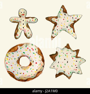 Jeu de gâteaux collection. Gâteau d'anniversaire, gâteau d'épice, star, cookie donut chocolat. collection d'aquarelle aquarelle illustration - isolé sur Banque D'Images