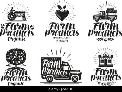 Les produits de la ferme, l'étiquette définie. L'agriculture, de l'agriculture ou l'icône d'un logo. Le lettrage, calligraphie vector illustration Illustration de Vecteur