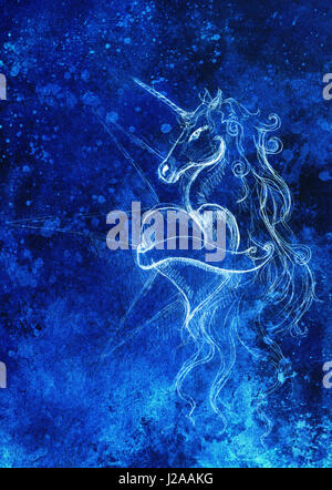 Dessin linéaire d'unicorn avec forme de coeur sur fond abstrait. Banque D'Images