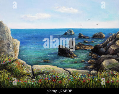 Peinture à l'huile originale d'océan et les falaises sur toile.impressionnisme moderne Banque D'Images