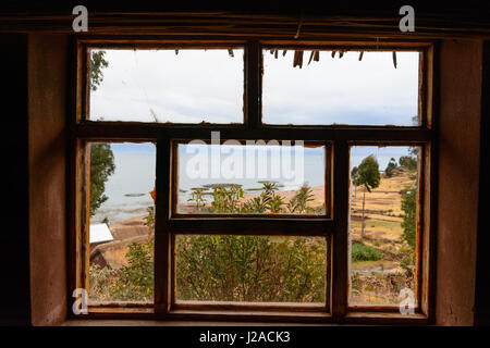 Le Pérou, Puno, hébergement dans des chalets traditionnels en brique de boue ("Adobe") Banque D'Images