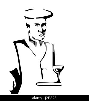 Homme assis avec un verre de vin. La main libre de dessin vectoriel. Pas une personne réelle. Illustration de Vecteur