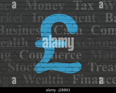Devises : Pound peint en bleu sur l'icône de Black Brick wall background avec Tag Cloud Banque D'Images