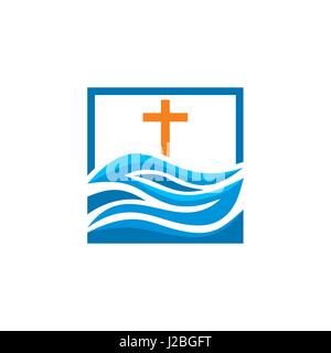 Logo de l'église. symboles chrétiens. La croix de Jésus et les vagues d'une source vivante Illustration de Vecteur