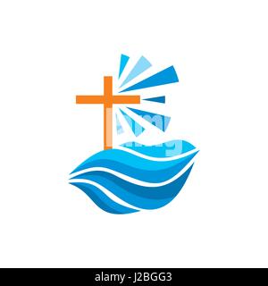 Logo de l'église. symboles chrétiens. La croix de Jésus et les vagues d'une source vivante Illustration de Vecteur