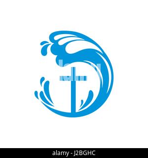 Logo de l'église. symboles chrétiens. La croix de Jésus et les vagues d'une source vivante Illustration de Vecteur