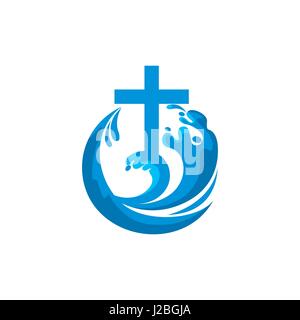 Logo de l'église. symboles chrétiens. La croix de Jésus et les vagues d'une source vivante Illustration de Vecteur