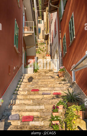 Coussins sur les étapes de l'allée pavée raide entre les bâtiments à Varenna village sur la rive orientale du lac de Côme, Italie en avril Banque D'Images