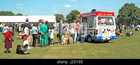 Dog Show un jour d'été personnes debout et faire la queue à la crème glacée van certains avec leurs chiens attendent tous d'acheter des boissons ou icecream Essex UK Banque D'Images